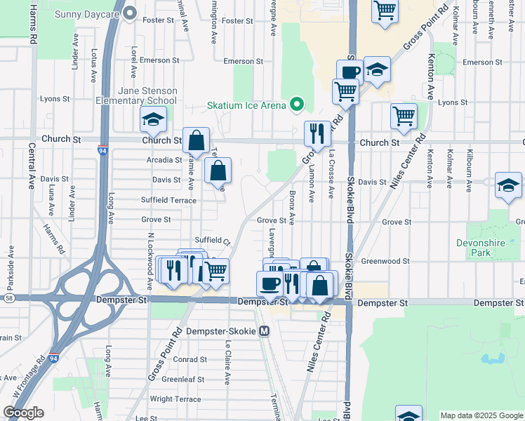 map of restaurants, bars, coffee shops, grocery stores, and more near 9016 Gross Point Road in Skokie