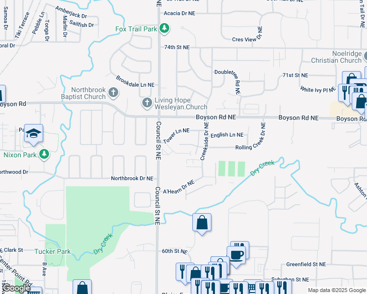 map of restaurants, bars, coffee shops, grocery stores, and more near 1401 Grant Court Northeast in Cedar Rapids