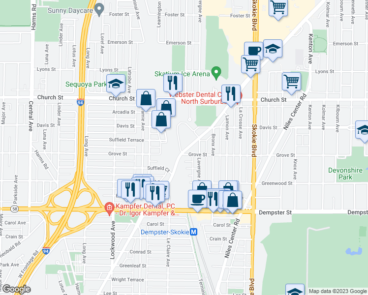 map of restaurants, bars, coffee shops, grocery stores, and more near 9012 Gross Point Road in Skokie