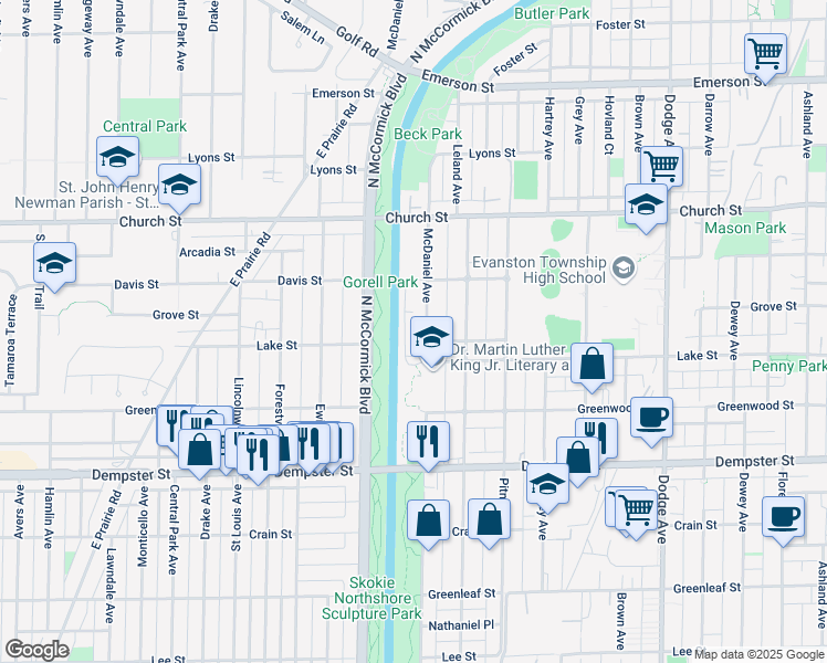 map of restaurants, bars, coffee shops, grocery stores, and more near 1500 McDaniel Avenue in Evanston