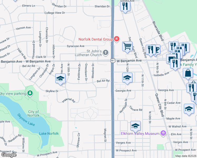 map of restaurants, bars, coffee shops, grocery stores, and more near 1202 Meadow Drive in Norfolk