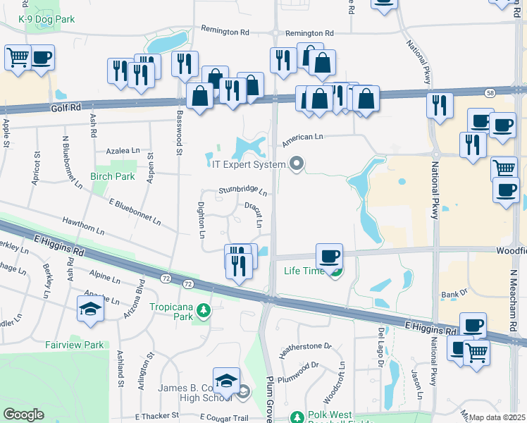map of restaurants, bars, coffee shops, grocery stores, and more near 827 Dracut Lane in Schaumburg