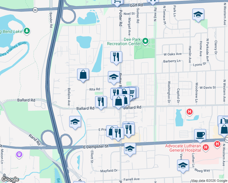 map of restaurants, bars, coffee shops, grocery stores, and more near 495 Ironwood Drive in Des Plaines
