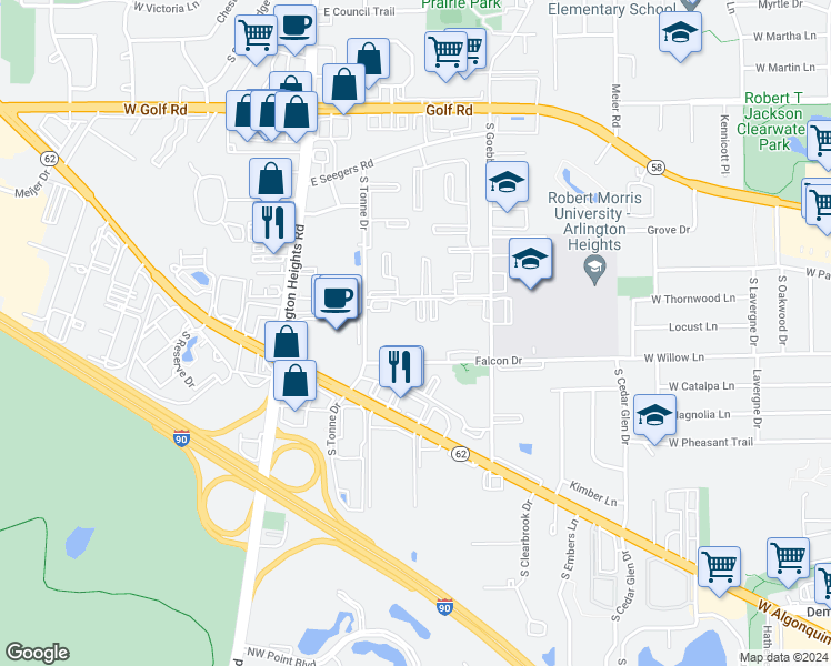 map of restaurants, bars, coffee shops, grocery stores, and more near 2226 South Goebbert Road in Arlington Heights