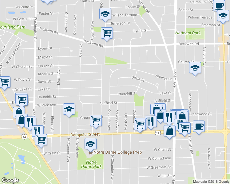 map of restaurants, bars, coffee shops, grocery stores, and more near 7524 Churchill Street in Morton Grove
