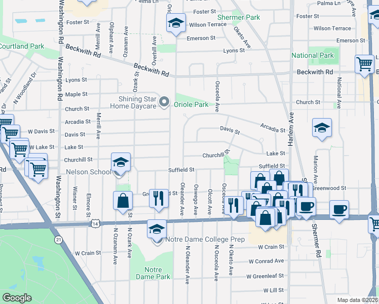 map of restaurants, bars, coffee shops, grocery stores, and more near 7524 Churchill Street in Morton Grove