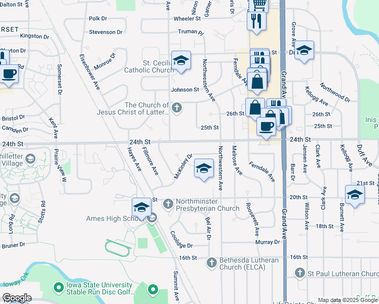 map of restaurants, bars, coffee shops, grocery stores, and more near 1255 McKinley Drive in Ames
