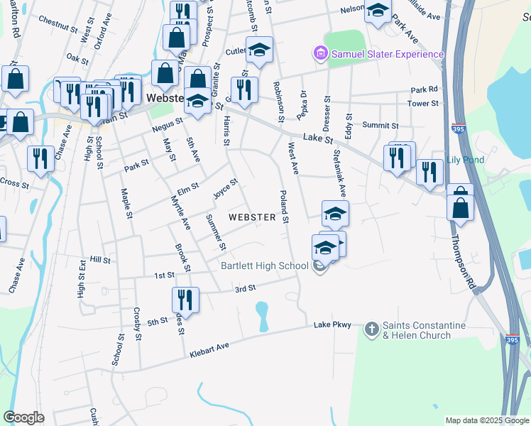 map of restaurants, bars, coffee shops, grocery stores, and more near 29 Linwood Street in Webster