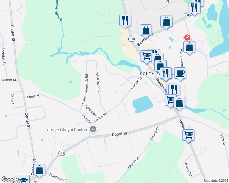 map of restaurants, bars, coffee shops, grocery stores, and more near 12 Beatty Lane in Easton