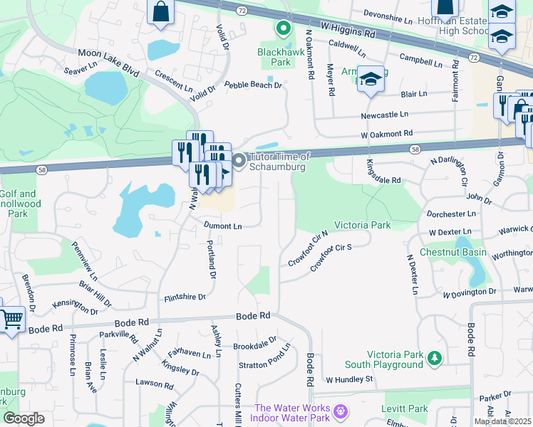 map of restaurants, bars, coffee shops, grocery stores, and more near 1015 Southbridge Lane in Schaumburg