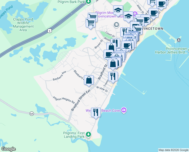map of restaurants, bars, coffee shops, grocery stores, and more near 29 Nickerson Street in Provincetown