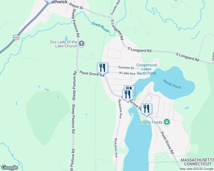 map of restaurants, bars, coffee shops, grocery stores, and more near 39 Point Grove Road in Southwick