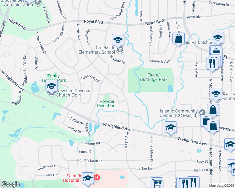 map of restaurants, bars, coffee shops, grocery stores, and more near 1930 Powder River Path in Elgin