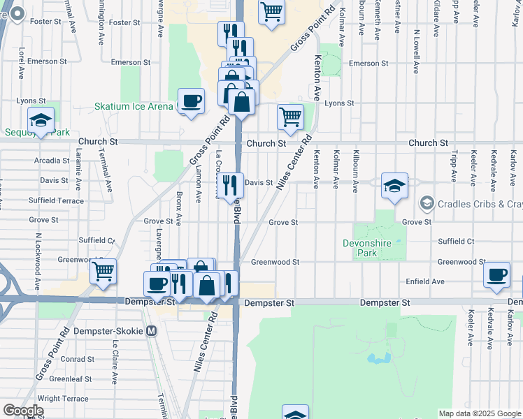 map of restaurants, bars, coffee shops, grocery stores, and more near 9017 Keating Avenue in Skokie