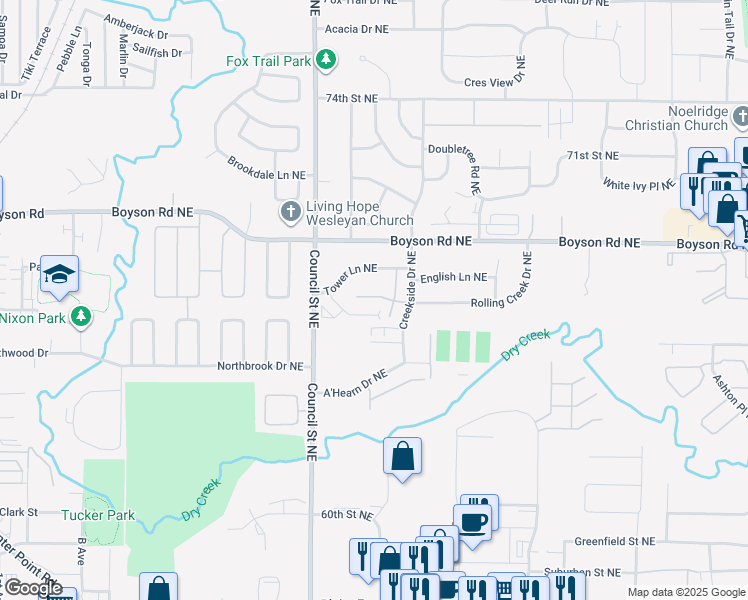map of restaurants, bars, coffee shops, grocery stores, and more near 6723 Creekside Drive Northeast in Cedar Rapids