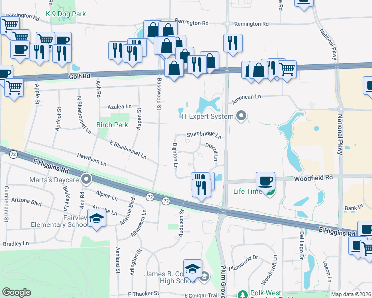 map of restaurants, bars, coffee shops, grocery stores, and more near 614 Newbury Lane in Schaumburg