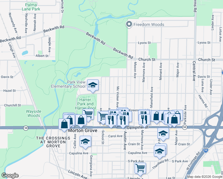 map of restaurants, bars, coffee shops, grocery stores, and more near 9011 Meade Avenue in Morton Grove
