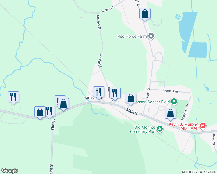 map of restaurants, bars, coffee shops, grocery stores, and more near 791 Phillips in Hanson