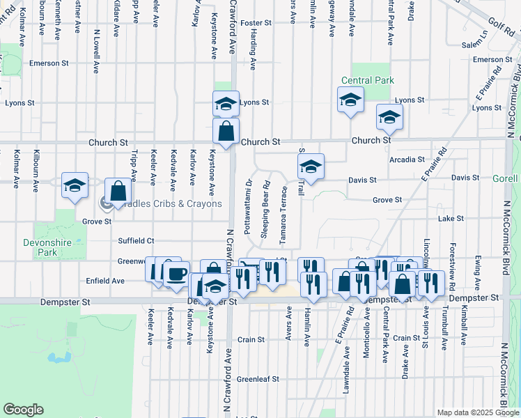 map of restaurants, bars, coffee shops, grocery stores, and more near 9012 Sleeping Bear Road in Skokie