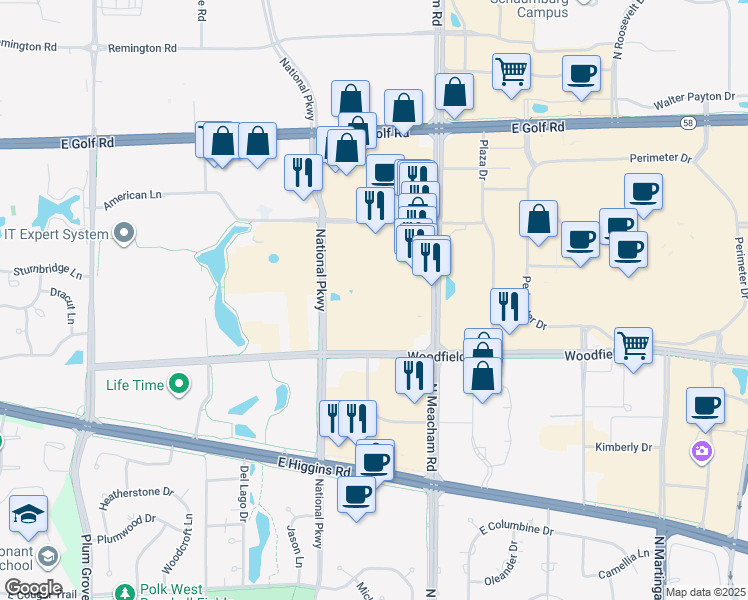 map of restaurants, bars, coffee shops, grocery stores, and more near 935 National Pkwy in Schaumburg