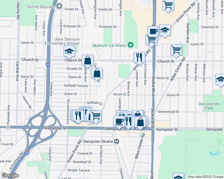 map of restaurants, bars, coffee shops, grocery stores, and more near 9016 Gross Point Road in Skokie
