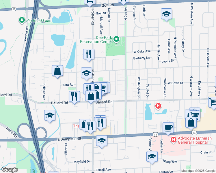 map of restaurants, bars, coffee shops, grocery stores, and more near 9350 Congress Drive in Des Plaines