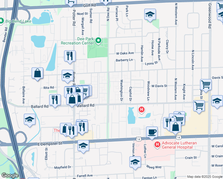 map of restaurants, bars, coffee shops, grocery stores, and more near 9030 Kennedy Drive in Des Plaines