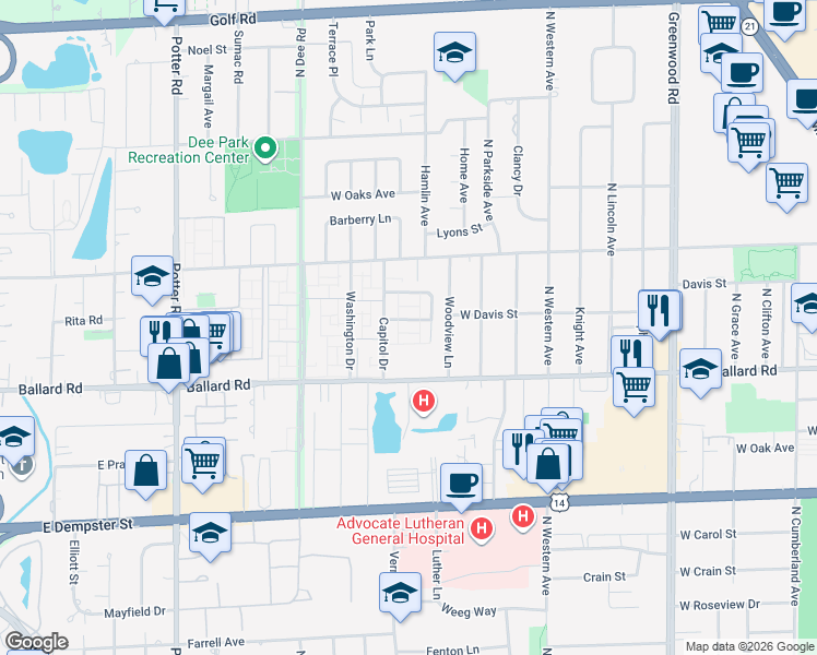 map of restaurants, bars, coffee shops, grocery stores, and more near 9019 Embassy Lane in Des Plaines