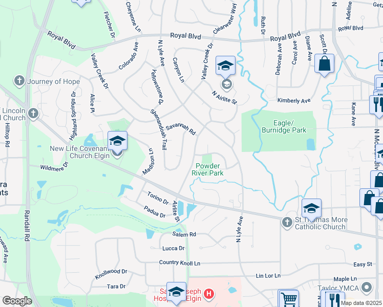 map of restaurants, bars, coffee shops, grocery stores, and more near 506 North Airlite Street in Elgin