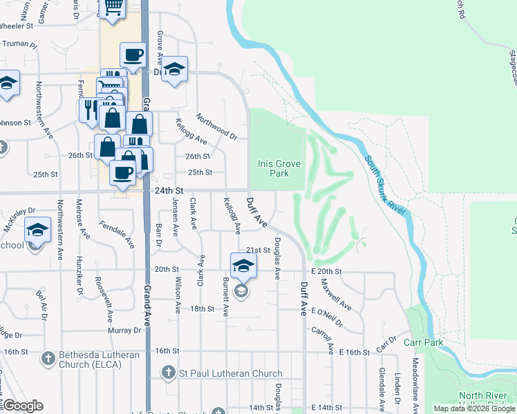 map of restaurants, bars, coffee shops, grocery stores, and more near 2222 Duff Avenue in Ames