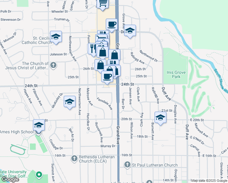 map of restaurants, bars, coffee shops, grocery stores, and more near 2302 Furman Drive in Ames