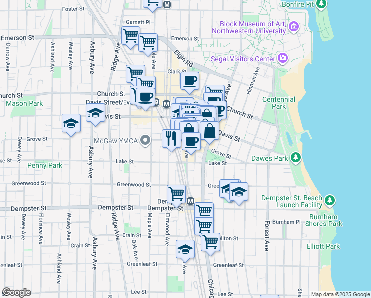 map of restaurants, bars, coffee shops, grocery stores, and more near 1506 Sherman Ave in Evanston