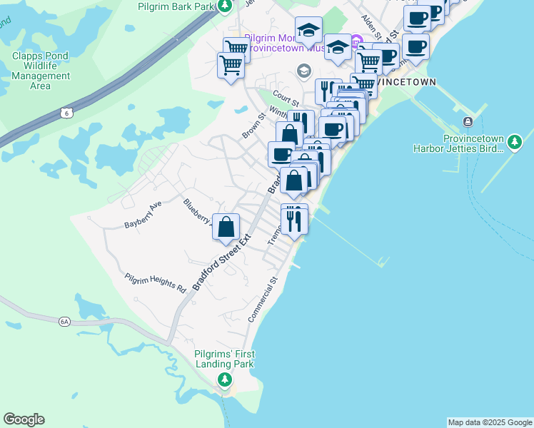 map of restaurants, bars, coffee shops, grocery stores, and more near 17 Cottage Street in Provincetown