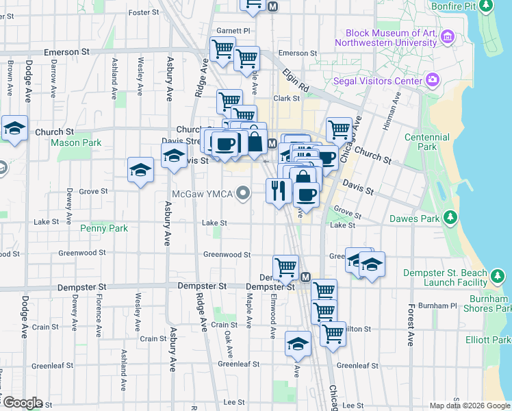 map of restaurants, bars, coffee shops, grocery stores, and more near 1508 Elmwood Avenue in Evanston