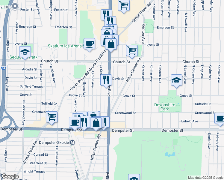 map of restaurants, bars, coffee shops, grocery stores, and more near 9017 Skokie Boulevard in Skokie