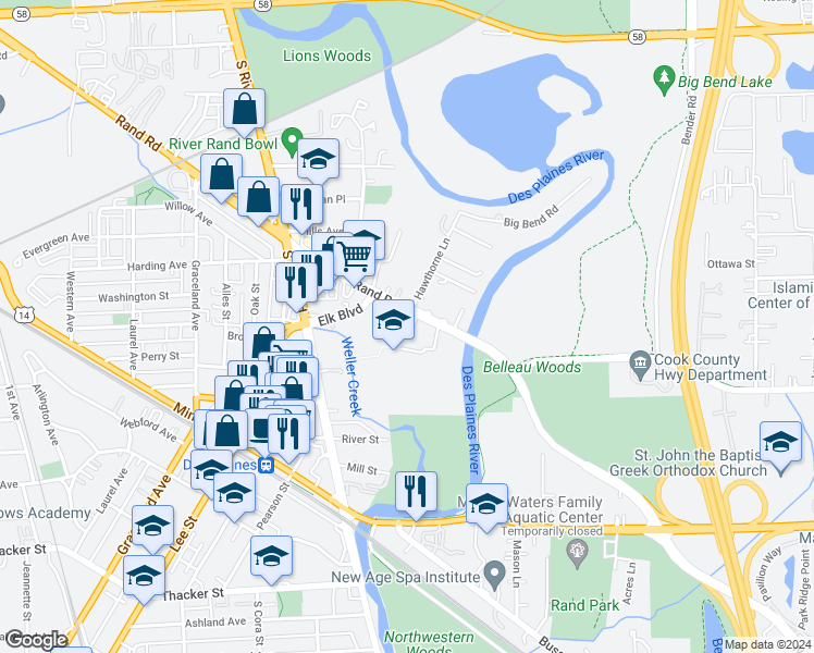 map of restaurants, bars, coffee shops, grocery stores, and more near 1771 Rand Road in Des Plaines