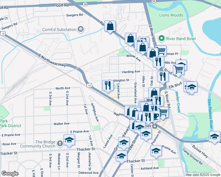 map of restaurants, bars, coffee shops, grocery stores, and more near 1264 Brown Street in Des Plaines