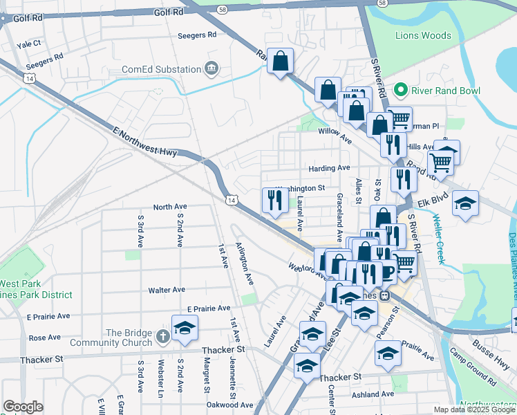 map of restaurants, bars, coffee shops, grocery stores, and more near 1214 Brown Street in Des Plaines