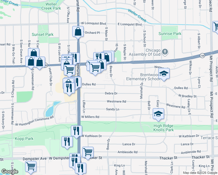 map of restaurants, bars, coffee shops, grocery stores, and more near 621 Dulles Road in Des Plaines