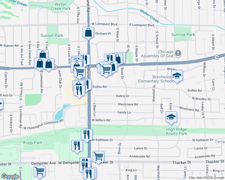 map of restaurants, bars, coffee shops, grocery stores, and more near 711 Dulles Road in Des Plaines