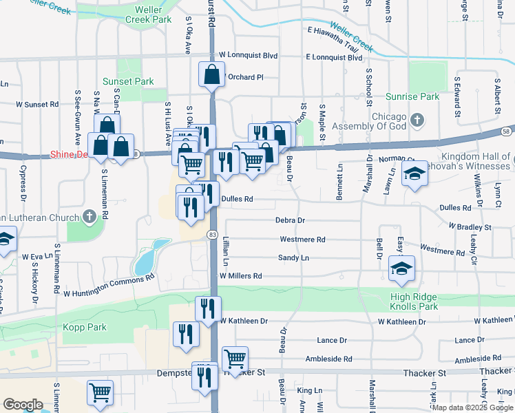 map of restaurants, bars, coffee shops, grocery stores, and more near 711 Dulles Road in Des Plaines