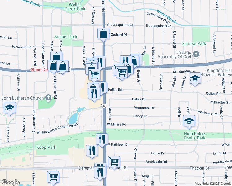 map of restaurants, bars, coffee shops, grocery stores, and more near 745 Dulles Road in Des Plaines