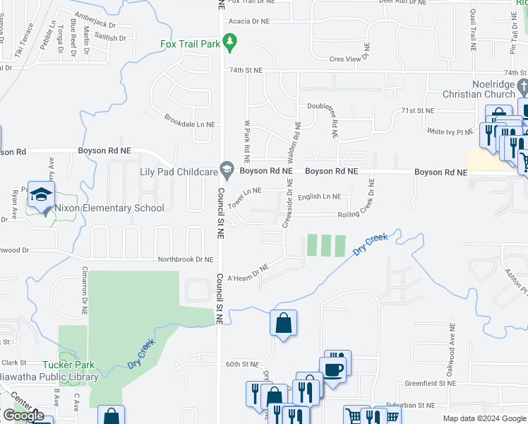 map of restaurants, bars, coffee shops, grocery stores, and more near 1401 Grant Court Northeast in Cedar Rapids