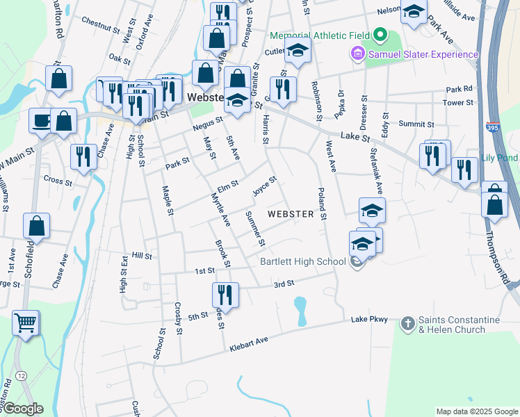 map of restaurants, bars, coffee shops, grocery stores, and more near 31 Joyce Street in Webster