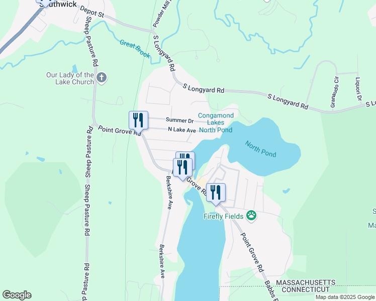 map of restaurants, bars, coffee shops, grocery stores, and more near 58 Lakemont Street in Southwick