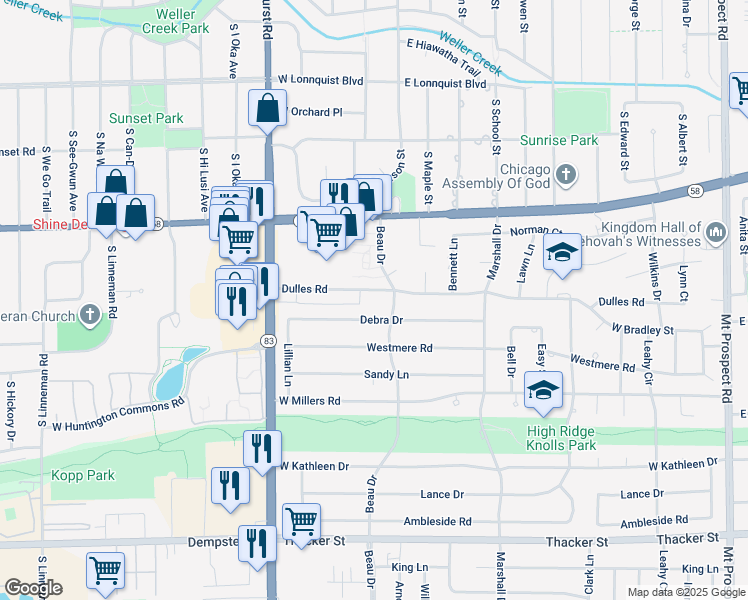 map of restaurants, bars, coffee shops, grocery stores, and more near 621 Dulles Road in Des Plaines