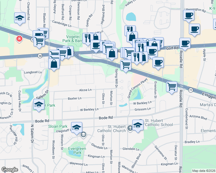 map of restaurants, bars, coffee shops, grocery stores, and more near 430 Alcoa Lane in Hoffman Estates