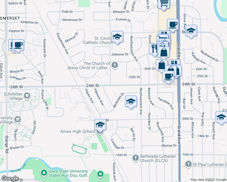 map of restaurants, bars, coffee shops, grocery stores, and more near 2323 McKinley Circle in Ames
