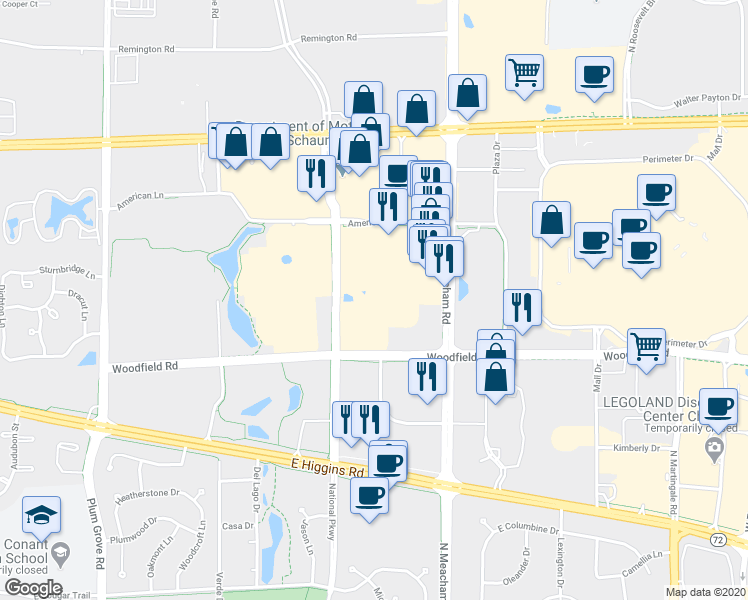 map of restaurants, bars, coffee shops, grocery stores, and more near 935 National Pkwy in Schaumburg