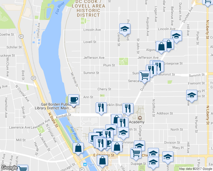 map of restaurants, bars, coffee shops, grocery stores, and more near 408 North Spring Street in Elgin